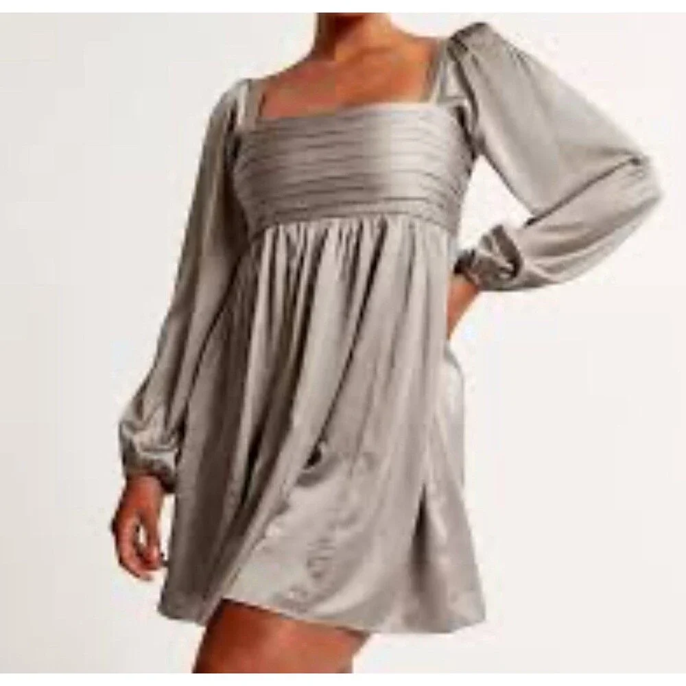 Abercrombie & Fitch Dress Womens Tall Sz S Babydoll Pleated Satin Balloon Sleeve
